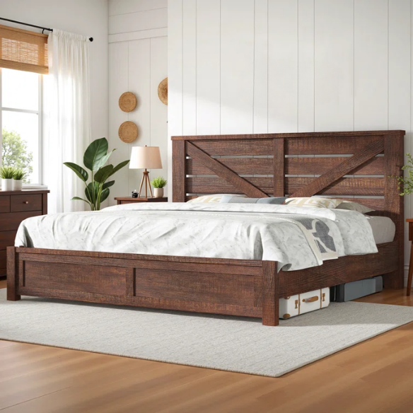 Farmhouse Classic Bed Frame with 49.2" Barn Door-Inspired Headboard, Ample Under-Bed Storage, Sturdy Metal Frame, and Silent Cotton Padding for Peaceful Sleep