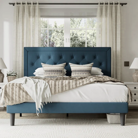 Tufted Upholstered Platform Bed – Full/Double Size with Linen Fabric, Elegant Design for Comfortable Bedrooms