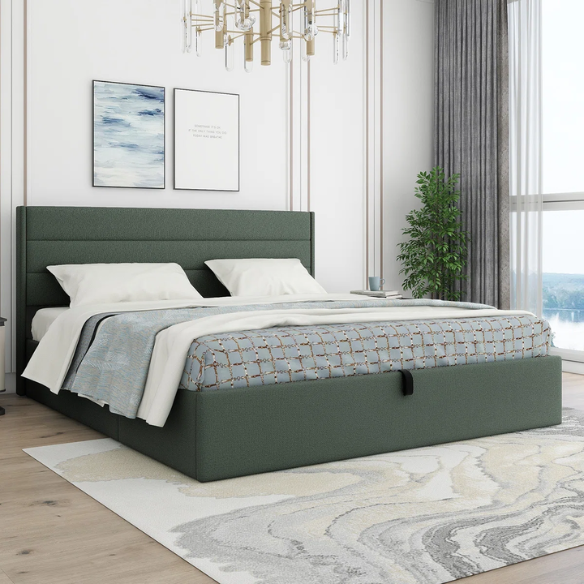 Elegant Hydraulic Lift Upholstered Storage Bed with Wingback Headboard, Linen Fabric, Button-Tufted Detailing, and Ample Under-Bed Storage for Bedding and Seasonal Items