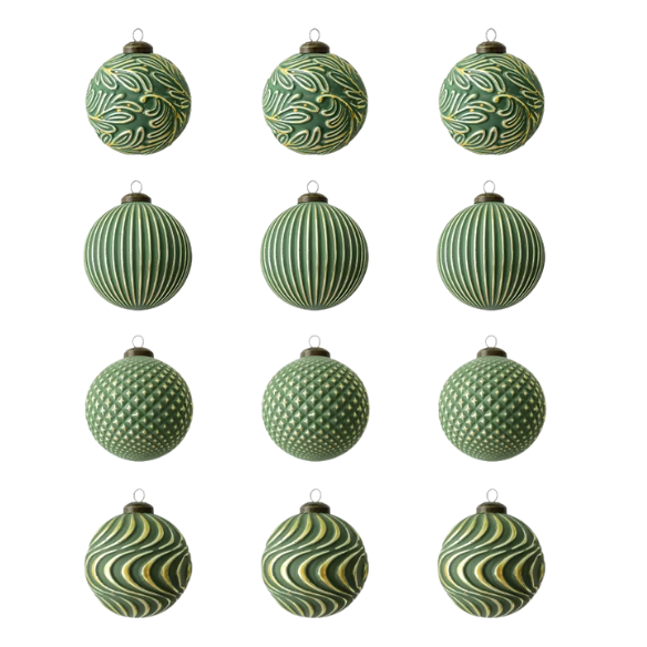 Green & Gold Embossed Christmas Ornaments – Elegant Textured Bauble Set (12 Pieces)