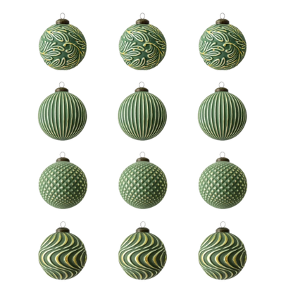 Green & Gold Embossed Christmas Ornaments – Elegant Textured Bauble Set (12 Pieces)
