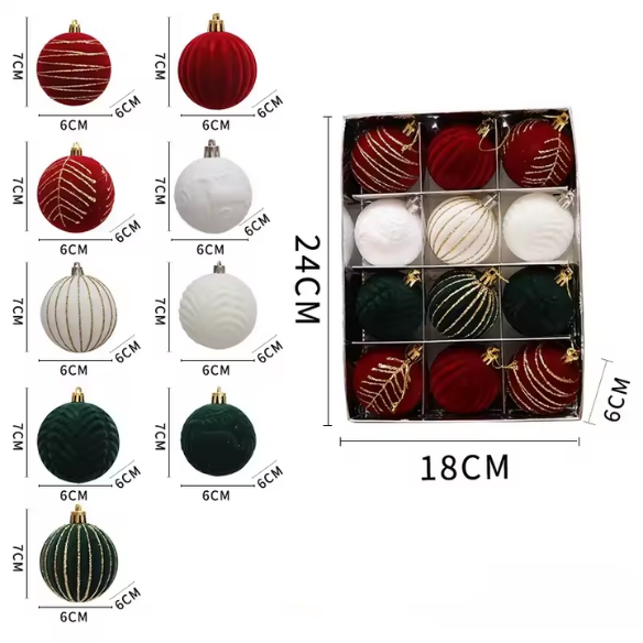 Red, Green & White Velvet-Flocked Christmas Ornaments – Luxurious Shatterproof Holiday Set (12 Pieces)