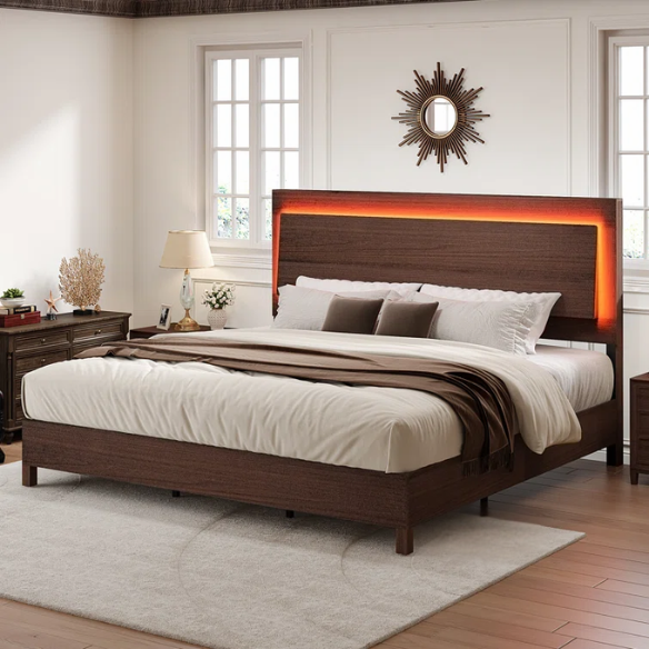 Modern King Size Wood Bed Frame with LED-Integrated Headboard & Adjustable Features for Ultimate Comfort