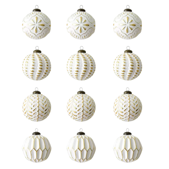 Gold & White Embossed Christmas Ornaments – Elegant Holiday Bauble Set (12 Pieces)