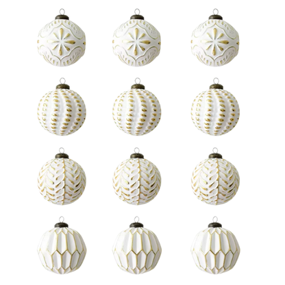 Gold & White Embossed Christmas Ornaments – Elegant Holiday Bauble Set (12 Pieces)