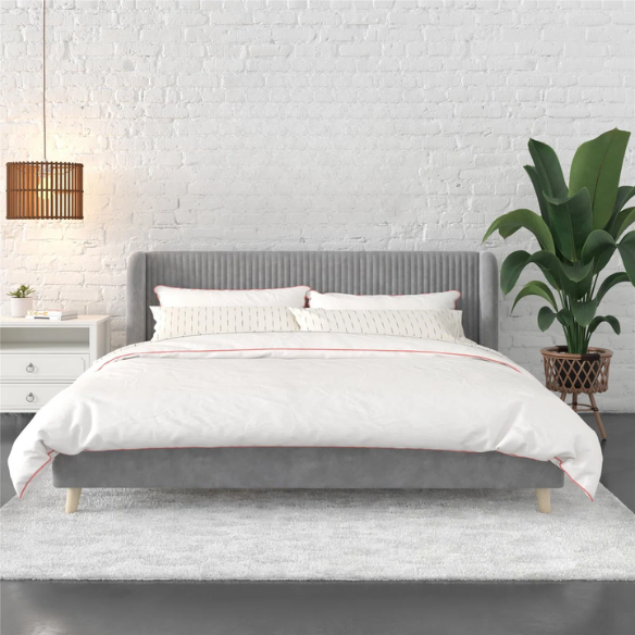 King Size Upholstered Wingback Platform Bed – Luxe Velvet Headboard with Vertical Tufting, Mid-Century Modern Design, and Space-Saving Wooden Frame