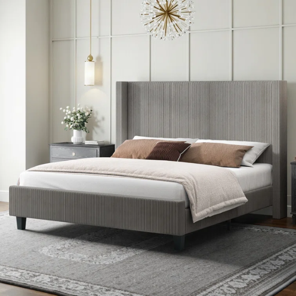 Modern King Size Corduroy Upholstered Bed with Wingback Design – Solid Wood and Metal Frame with Tapered Legs and Extra Cushioned Comfort