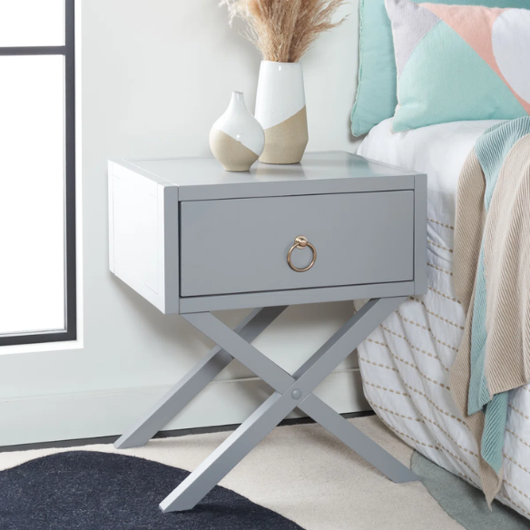 1-Drawer Nightstand – Classic Campaign Style with Contemporary Chic, Acacia Wood Frame, Cross-Base Design, Bold Finish, Gold Drawer Pull, Perfect for Modern Bedrooms