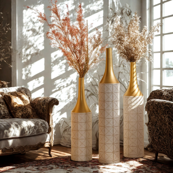 Elegant Ornate Metal Floor Vase Set (3-Piece) – Gilded Starry Grid Design, Tall Tulip-Shaped Vases with White and Gold Finish, Ideal for Dried Flowers or Stylish Décor