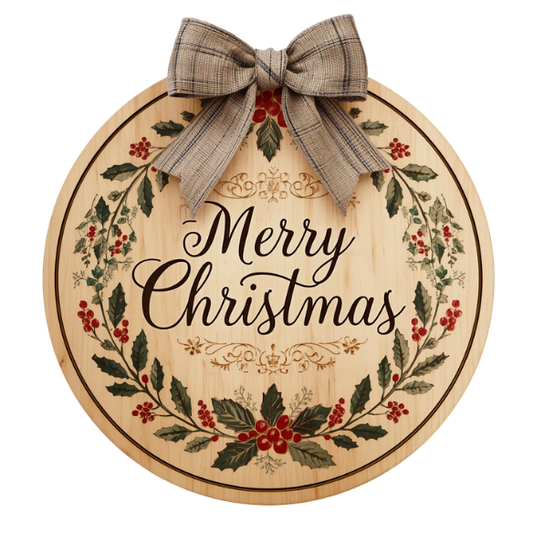 Rustic Round Wooden Christmas Sign with Holly Wreath and Plaid Bow
