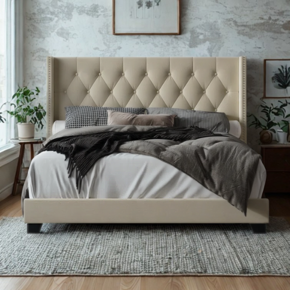 Queen Size Upholstered Low Profile Bed with Glamorous Button Tufted Foundation – Elegant and Timeless Design