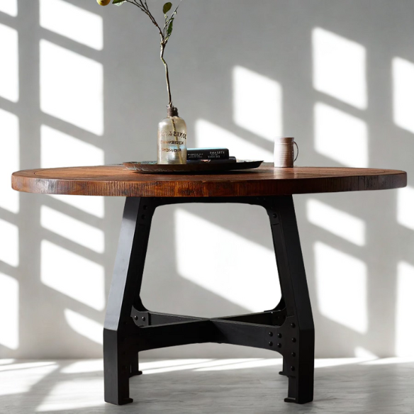 Round Dining/Gathering Table - Amber & Graphite, Solid Wood Planks with Industrial-Inspired Design, Adjustable Height for Family Gatherings