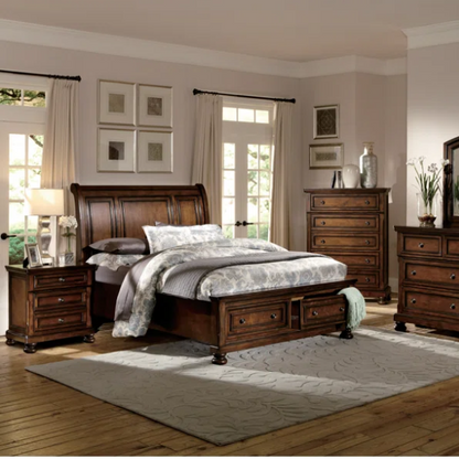 Transitional 3-Piece Queen Platform Bedroom Set with Hidden Storage – Includes Nightstand, Dresser, and Bed with Traditional Bun Feet and Rich Medium Brown Finish