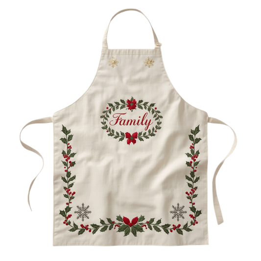 Holiday Festive Off-White Embroidered Wreath Family Apron