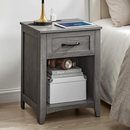 Farmhouse-Style Nightstand with Built-In Charging Station – Engineered Wood, Spacious Top, Drawer & Open Compartment, Matte Black Metal Handle, USB-A & USB-C Ports, AC Outlets, Ideal for Bedroom or Living Room