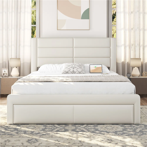 King Size Vegan Leather Metal Platform Storage Bed with 3 Drawers, Tufted Headboard, and Built-In USB Ports – Modern Design for Ultimate Comfort and Convenience