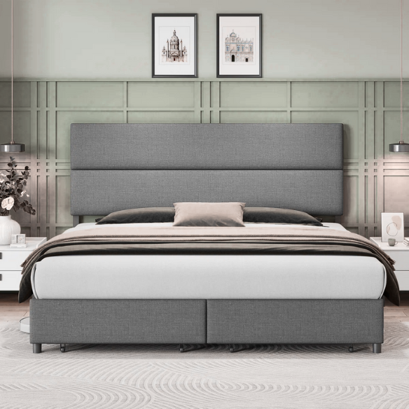 Linen Upholstered Bed Frame – Full/Double Size with Height Adjustable Headboard & 2 Built-In Storage Drawers
