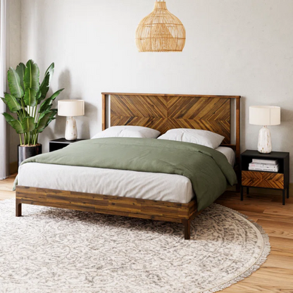 Solid Wood Platform King Size Bed with Headboard – Rustic Wood Frame with Steel Reinforcement for Ultimate Stability and Comfort