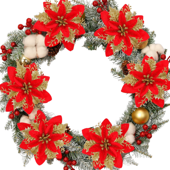Gold & Red Glitter Poinsettia Christmas Flowers – Elegant Artificial Holiday Décor (5 Pieces)