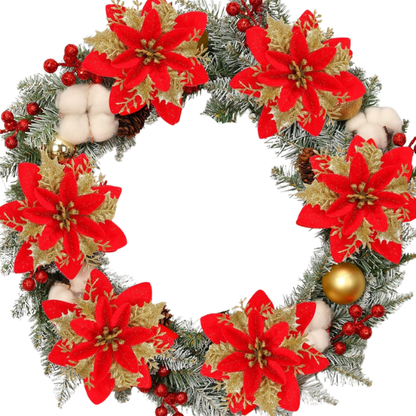 Gold & Red Glitter Poinsettia Christmas Flowers – Elegant Artificial Holiday Décor (5 Pieces)