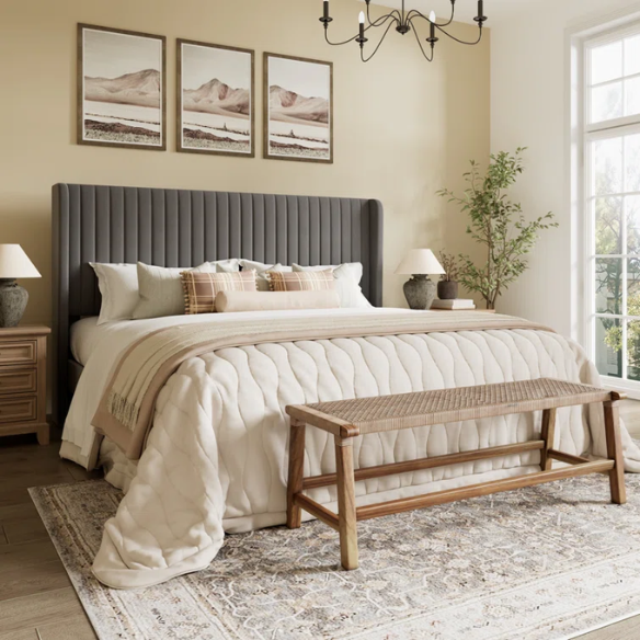 King Size Upholstered Platform Bed with Wingback Headboard – Simple, Elegant Design, Sturdy Wooden Slats, No Box Spring Needed for a Luxurious Sleep Experience