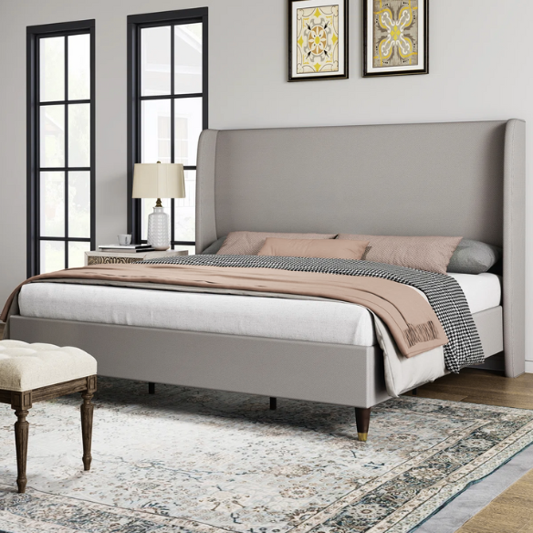 King Size Upholstered Platform Bed with Wingback Design, Foam-Padded Linen Headboard, and Steel Reinforced Frame