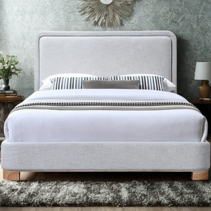 Luxurious Linen Textured Fabric King Size Upholstered Panel Bed with Solid Wood Base