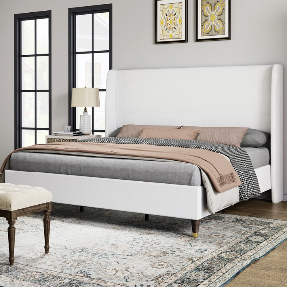 King Size Upholstered Platform Bed with Wingback Design, Foam-Padded Linen Headboard, and Steel Reinforced Frame