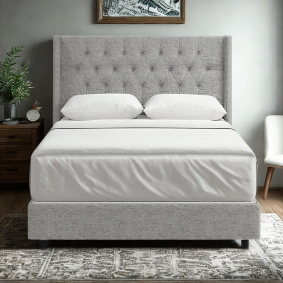 Timeless Upholstered Wingback King Size Bed with Button Tufting and Nailhead Trim