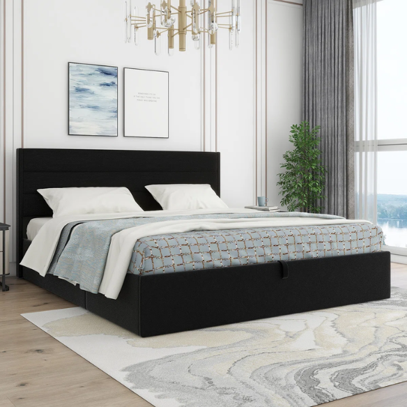 Elegant Hydraulic Lift Upholstered Storage Bed with Wingback Headboard, Linen Fabric, Button-Tufted Detailing, and Ample Under-Bed Storage for Bedding and Seasonal Items