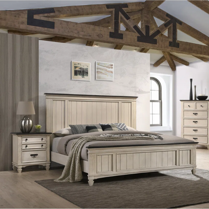 Elegant Cream & Brown 6-Piece Queen Panel Bedroom Set – Solid Wood Bed, Dresser, Mirror, 2 Nightstands, and Chest with Ample Storage