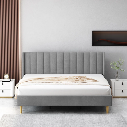 Luxury Corduroy Upholstered King Size Platform Bed Frame - Stylish Modern Wingback Design with Ultimate Comfort