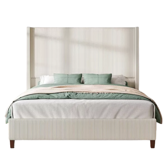 Queen Size Upholstered Wingback Platform Bed in Ribbed Corduroy Fabric