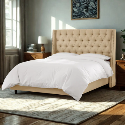Chic Upholstered Wingback King Size Bed with Button Tufting and Nailhead Trim