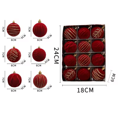 Red & Gold Velvet-Flocked Christmas Ornaments – Luxurious Shatterproof Holiday Set (12 Pieces)