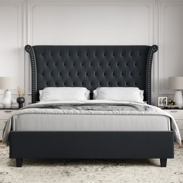 Luxurious Tufted Button Upholstered Wingback Queen Bed with Raised Headboard for Ultimate Comfort