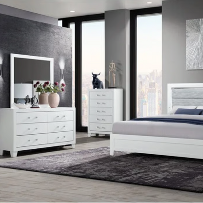 5-Piece White King Bedroom Set with LED-Backlit Upholstered Headboard, Modern Acrylic Hardware, and Plush Comfort