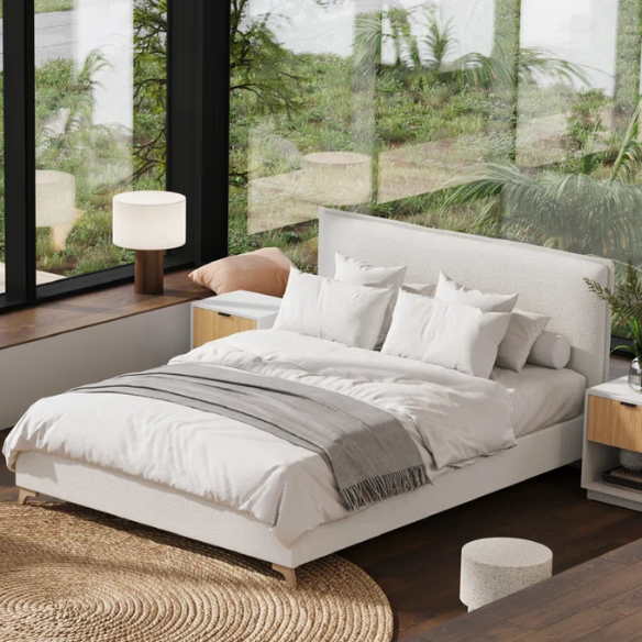 Luxurious King Size Flange-Edge Bouclé Bed Frame with Padded Headboard – Soft, Textured Fabric, Solid Wood Support