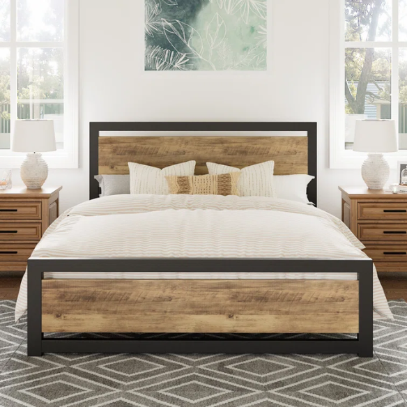 Queen Size Wood and Black Metal Frame Bed with Headboard – Modern Design with Rustic Distressed Wood Accents