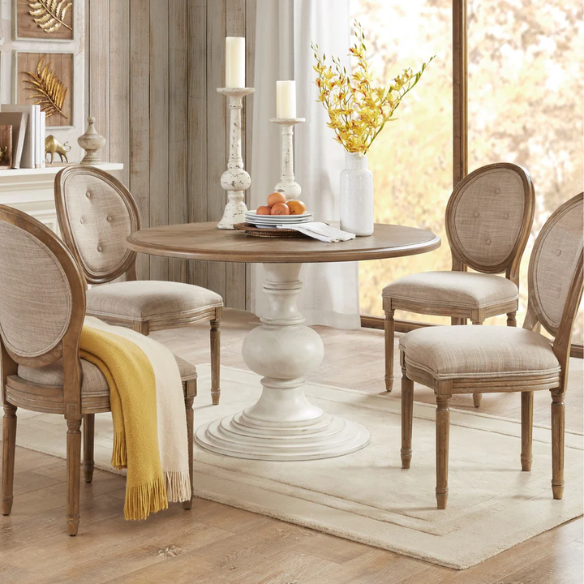 46" Round Pedestal Dining Table – Farmhouse Charm with Reclaimed Walnut Diamond Veneer Top & Antique Cream Pedestal Base