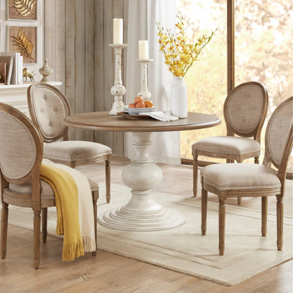 46" Round Pedestal Dining Table – Farmhouse Charm with Reclaimed Walnut Diamond Veneer Top & Antique Cream Pedestal Base