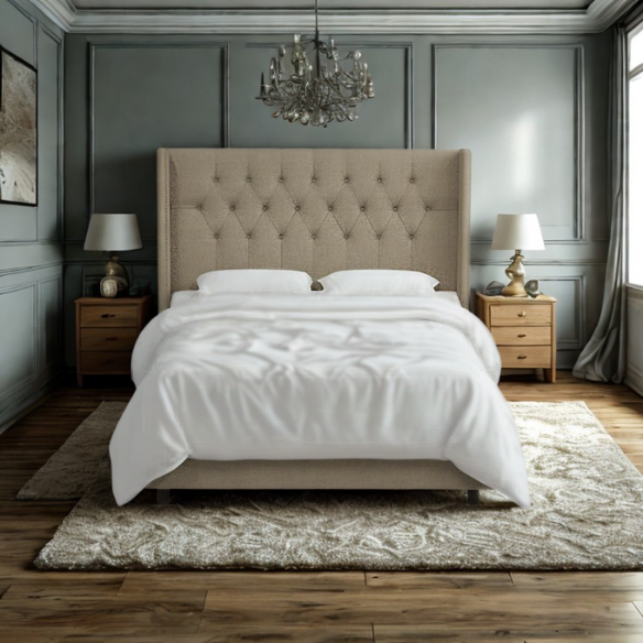 Timeless Upholstered Wingback King Size Bed with Button Tufting and Nailhead Trim