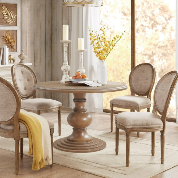 46" Round Pedestal Dining Table – Farmhouse Charm with Reclaimed Walnut Diamond Veneer Top & Antique Cream Pedestal Base
