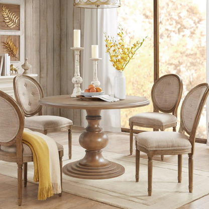 46" Round Pedestal Dining Table – Farmhouse Charm with Reclaimed Walnut Diamond Veneer Top & Antique Cream Pedestal Base