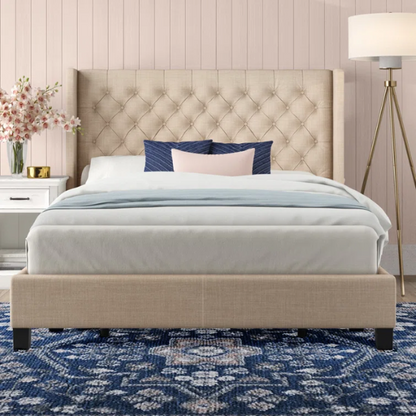 King Size Upholstered Wingback Bed with Linen Fabric, Tapered Legs, and Button Tufted Headboard
