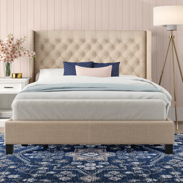 King Size Upholstered Wingback Bed with Linen Fabric, Tapered Legs, and Button Tufted Headboard