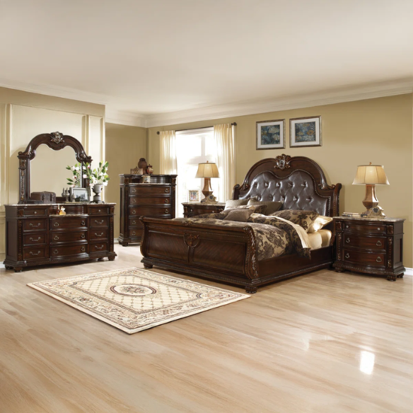 Classic Elegance 5-Piece Queen Bedroom Set in Dark Walnut with Button-Tufted Headboard, Marble-Topped Nightstand, 11-Drawer Dresser, Beveled Mirror, and Storage Chest