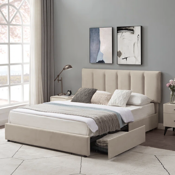 Velvet Upholstered Queen Size Platform Bed with Adjustable Headboard and 4 Storage Drawers