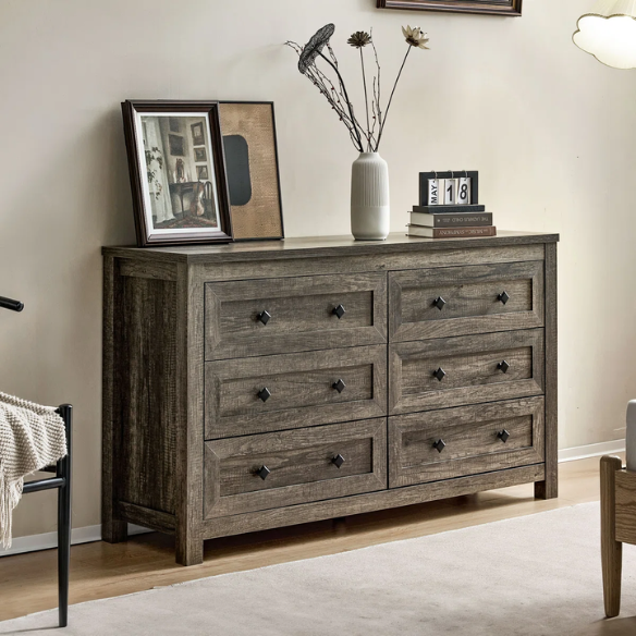 6-Drawer Dresser – A Perfect Blend of Rustic Charm and Industrial Elegance, Featuring a Clean-Lined Silhouette and Weathered Finish. Crafted from Solid and Engineered Wood