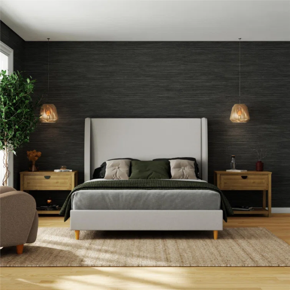 Luxurious Queen Size Upholstered Wingback Bed in Soft Linen Fabric